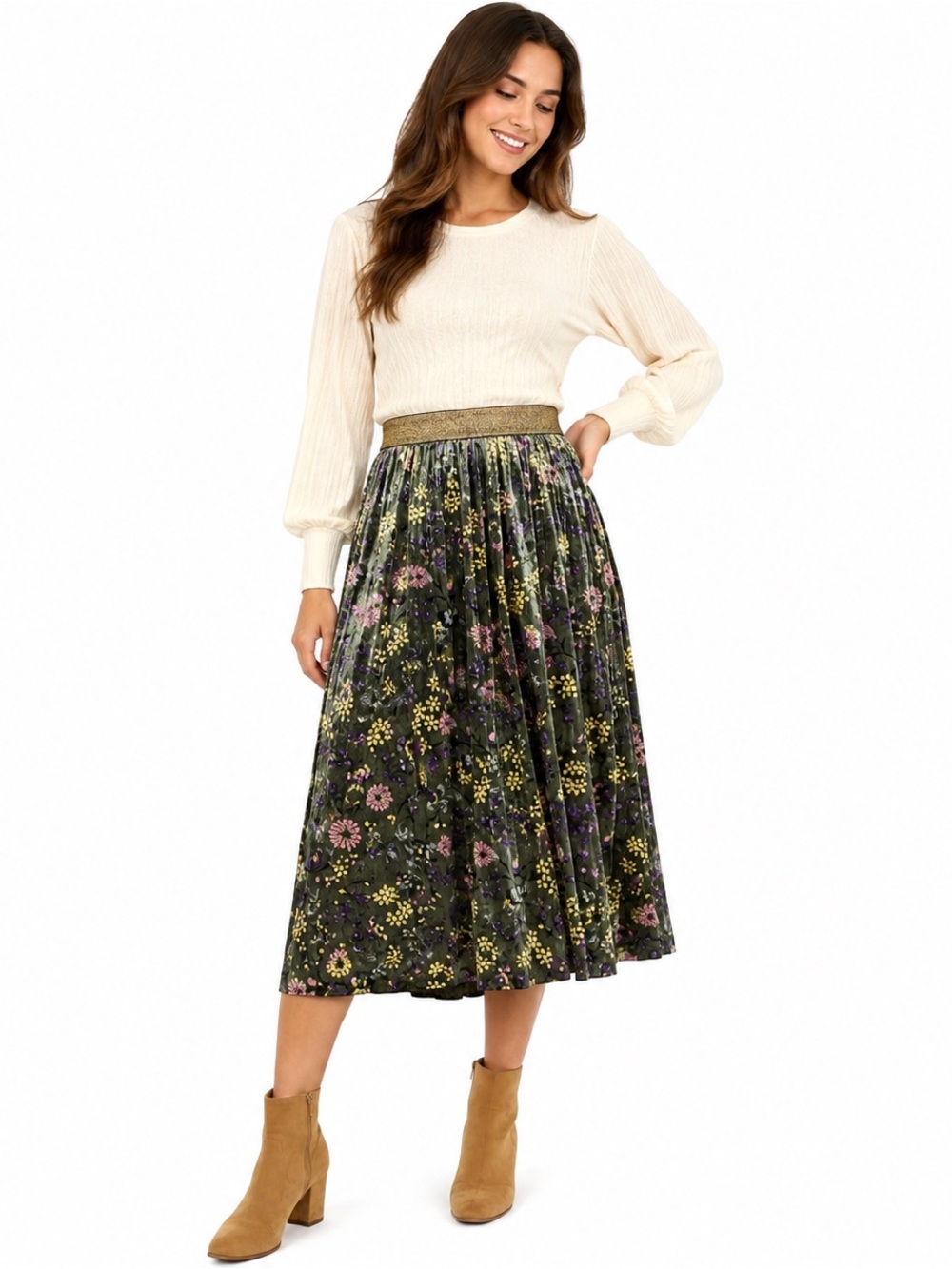 ModCloth‎ Green Floral Pleated Velvet Midi Skirt Gold Glitter Waist Romantic